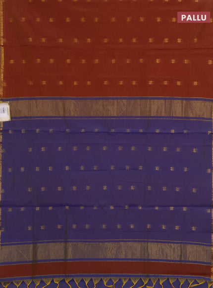 Semi maheswari cotton saree maroon and blue with allover zari woven buttas and small zari woven border
