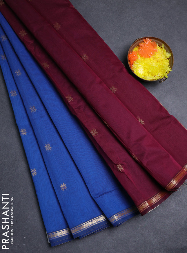 Semi maheswari cotton saree blue and deep wine shade with allover zari woven buttas and small zari woven border