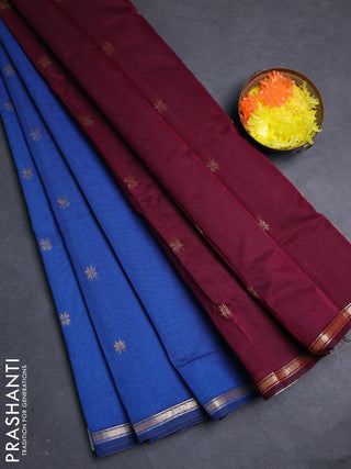 Semi maheswari cotton saree blue and deep wine shade with allover zari woven buttas and small zari woven border