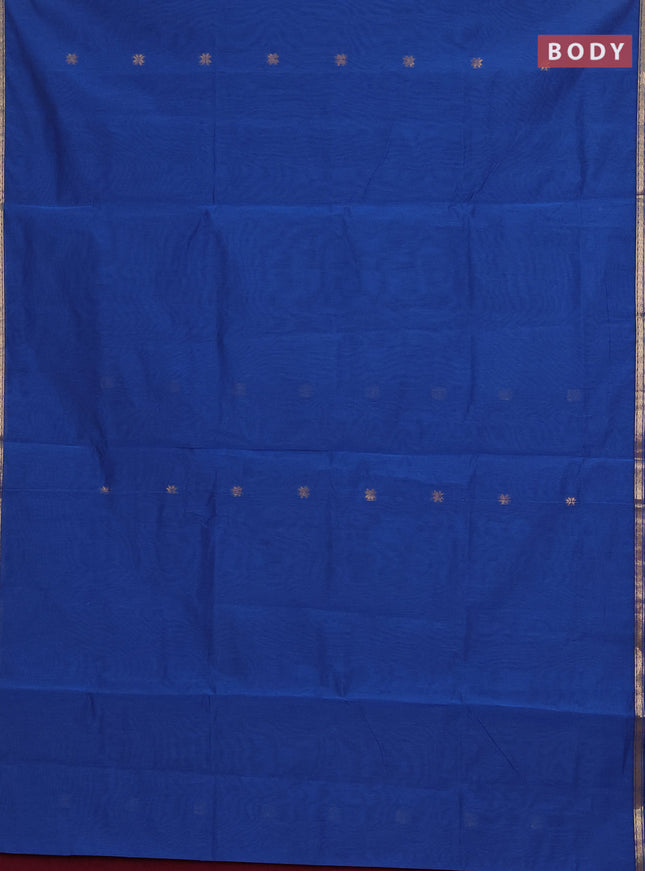 Semi maheswari cotton saree blue and deep wine shade with allover zari woven buttas and small zari woven border