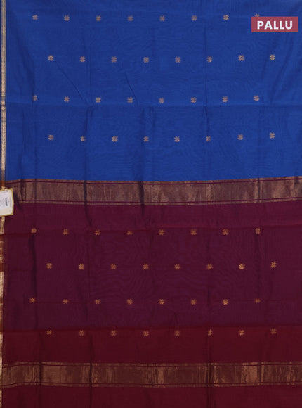 Semi maheswari cotton saree blue and deep wine shade with allover zari woven buttas and small zari woven border