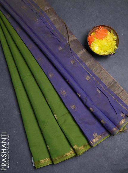 Semi maheswari cotton saree light green and blue with allover zari woven buttas and small zari woven border