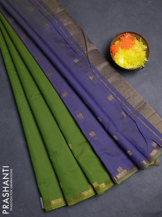 Semi maheswari cotton saree light green and blue with allover zari woven buttas and small zari woven border