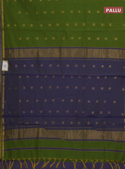 Semi maheswari cotton saree light green and blue with allover zari woven buttas and small zari woven border