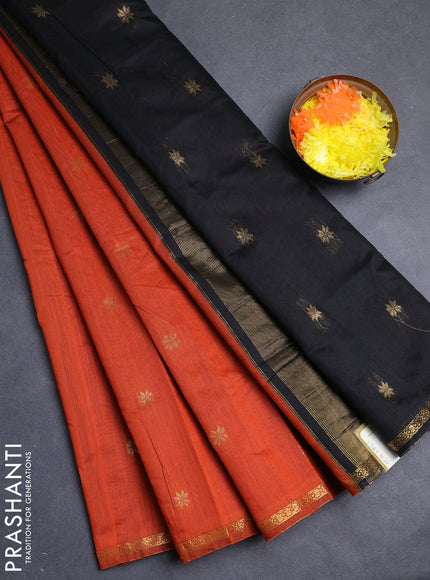 Semi maheswari cotton saree orange and black with allover zari woven buttas and small zari woven border