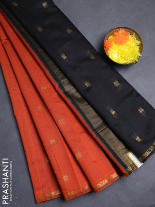 Semi maheswari cotton saree orange and black with allover zari woven buttas and small zari woven border
