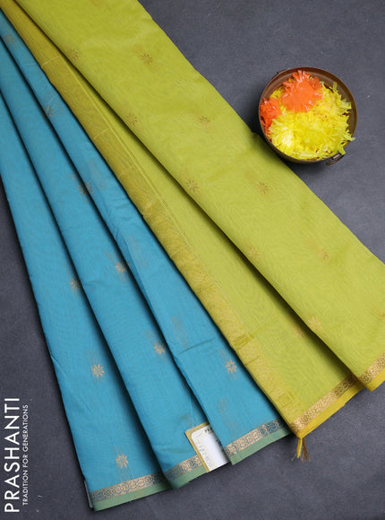 Semi maheswari cotton saree teal blue and lime green with allover zari woven buttas and small zari woven border