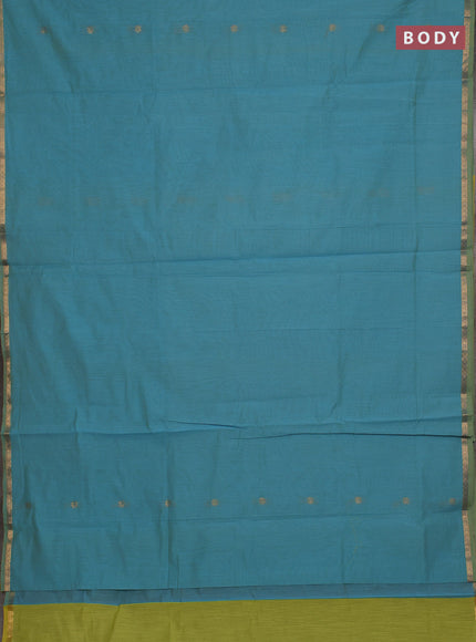 Semi maheswari cotton saree teal blue and lime green with allover zari woven buttas and small zari woven border