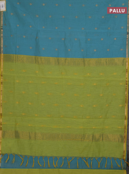 Semi maheswari cotton saree teal blue and lime green with allover zari woven buttas and small zari woven border