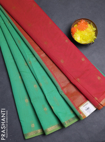 Semi maheswari cotton saree teal green and pink with allover zari woven buttas and small zari woven border