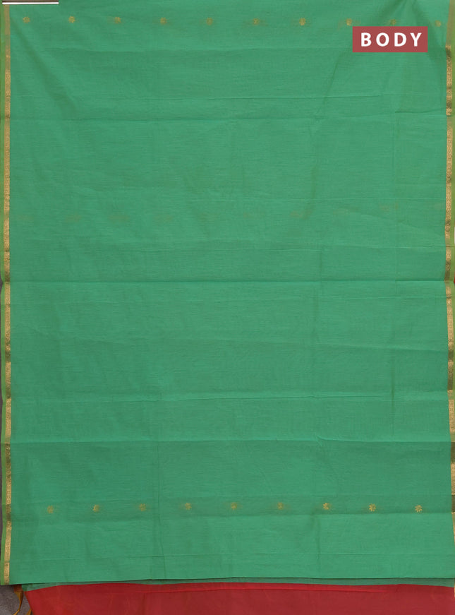 Semi maheswari cotton saree teal green and pink with allover zari woven buttas and small zari woven border