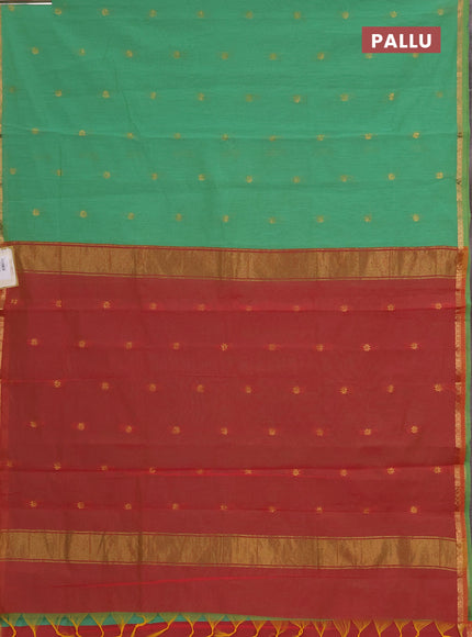 Semi maheswari cotton saree teal green and pink with allover zari woven buttas and small zari woven border