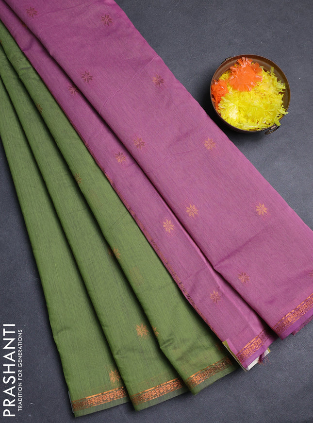 Semi maheswari cotton saree pastel green and pink with allover copper zari woven buttas and copper zari woven border