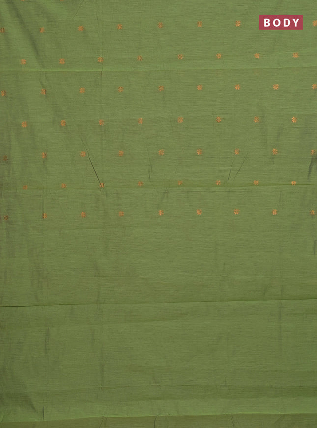 Semi maheswari cotton saree pastel green and pink with allover copper zari woven buttas and copper zari woven border