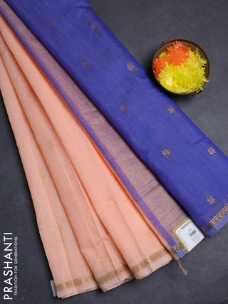 Semi maheswari cotton saree peach orange and blue with allover zari woven buttas and small zari woven border