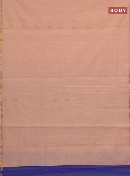 Semi maheswari cotton saree peach orange and blue with allover zari woven buttas and small zari woven border