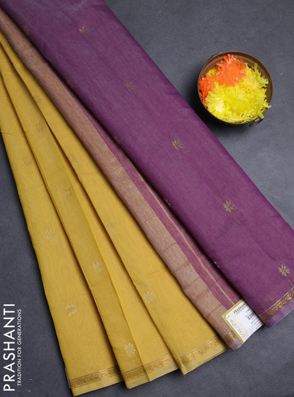 Semi maheswari cotton saree pale yellow and purple with allover zari woven buttas and small zari woven border