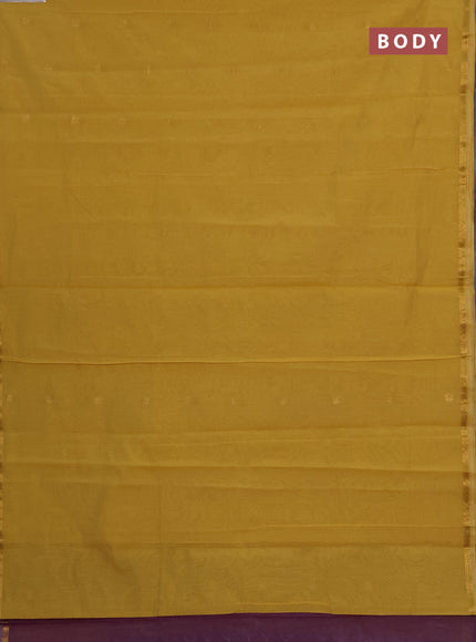 Semi maheswari cotton saree pale yellow and purple with allover zari woven buttas and small zari woven border