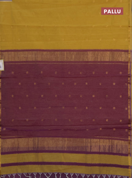 Semi maheswari cotton saree pale yellow and purple with allover zari woven buttas and small zari woven border