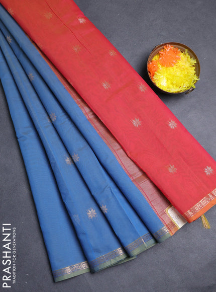 Semi maheswari cotton saree bluish grey and red with allover zari woven buttas and small zari woven border