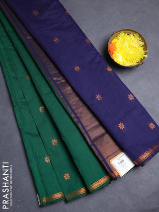 Semi maheswari cotton saree bottle green and navy blue with allover copper zari woven buttas and copper zari woven border