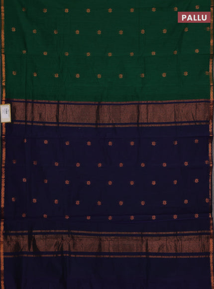 Semi maheswari cotton saree bottle green and navy blue with allover copper zari woven buttas and copper zari woven border