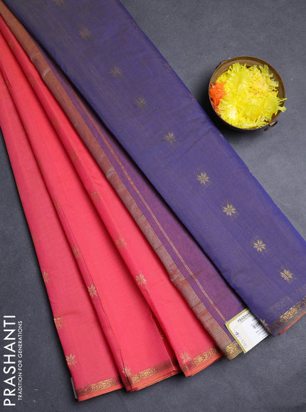Semi maheswari cotton saree pink and blue with allover zari woven buttas and small zari woven border