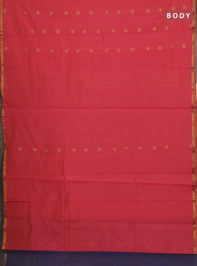 Semi maheswari cotton saree pink and blue with allover zari woven buttas and small zari woven border