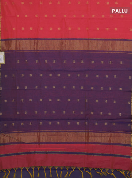 Semi maheswari cotton saree pink and blue with allover zari woven buttas and small zari woven border