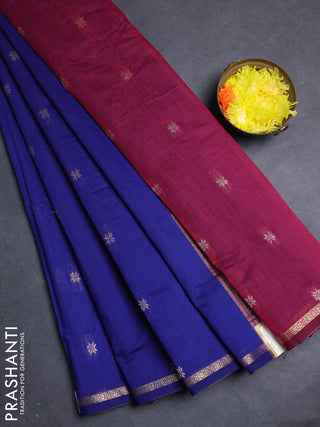 Semi maheswari cotton saree blue and magenta pink with allover zari woven buttas and small zari woven border
