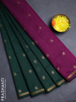 Semi maheswari cotton saree bottle green and magenta pink with allover zari woven buttas and small zari woven border