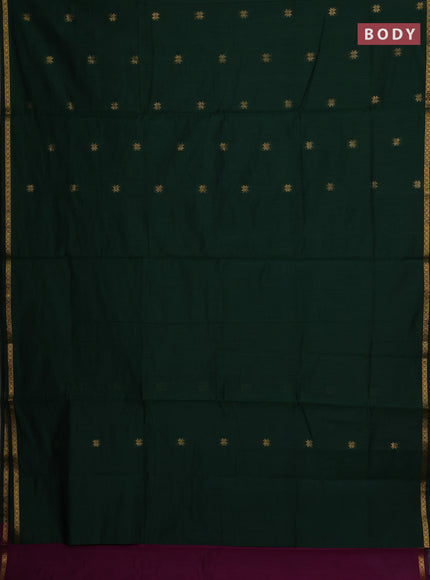 Semi maheswari cotton saree bottle green and magenta pink with allover zari woven buttas and small zari woven border