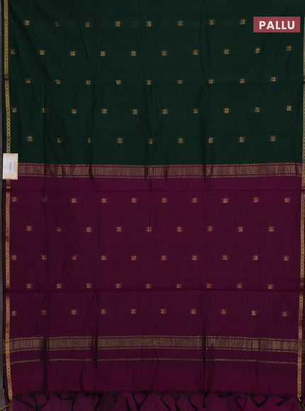Semi maheswari cotton saree bottle green and magenta pink with allover zari woven buttas and small zari woven border