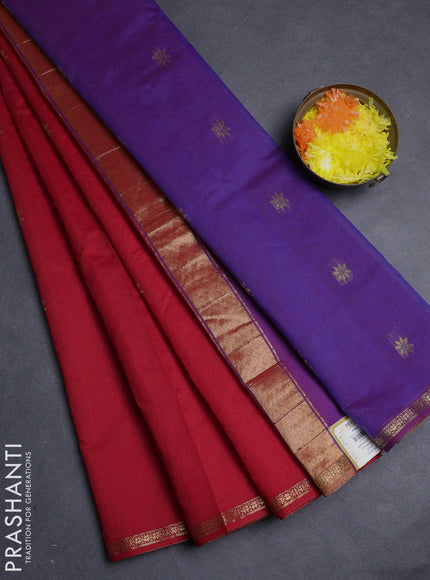 Semi maheswari cotton saree red and purple with allover zari woven buttas and small zari woven border