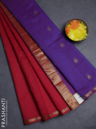 Semi maheswari cotton saree red and purple with allover zari woven buttas and small zari woven border