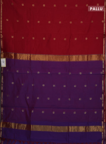 Semi maheswari cotton saree red and purple with allover zari woven buttas and small zari woven border