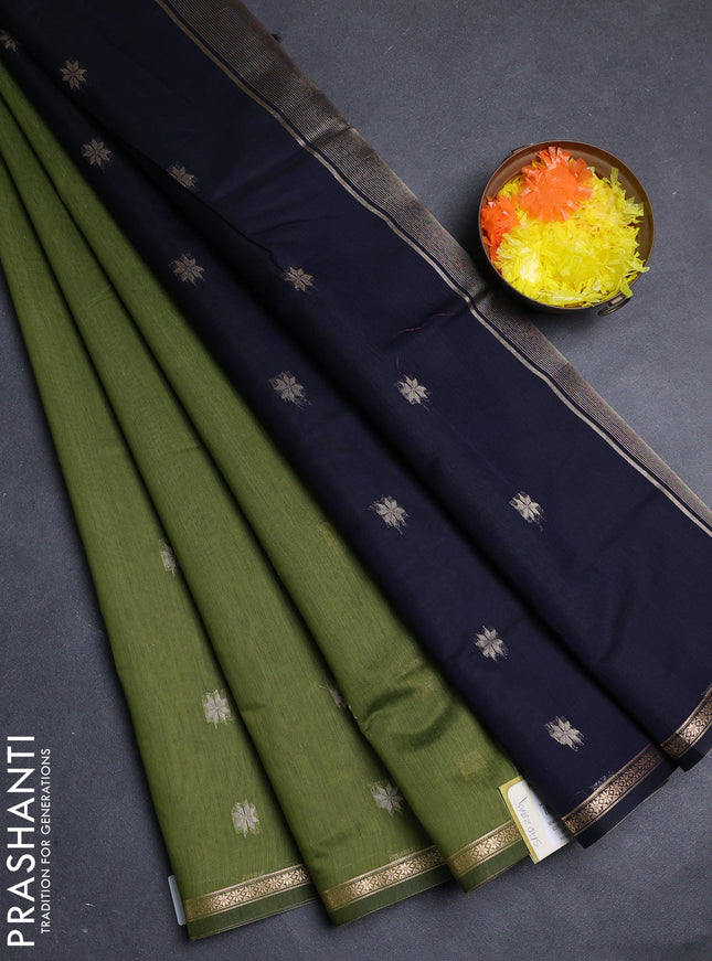 Semi maheswari cotton saree mehendi green and navy blue with allover zari woven buttas and small zari woven border