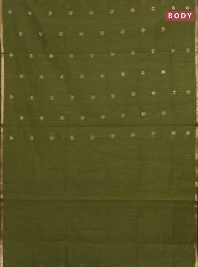Semi maheswari cotton saree mehendi green and navy blue with allover zari woven buttas and small zari woven border