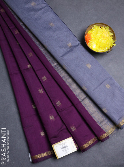 Semi maheswari cotton saree deep purple and grey with allover zari woven buttas and small zari woven border