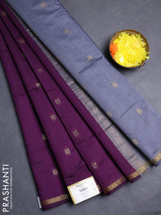 Semi maheswari cotton saree deep purple and grey with allover zari woven buttas and small zari woven border