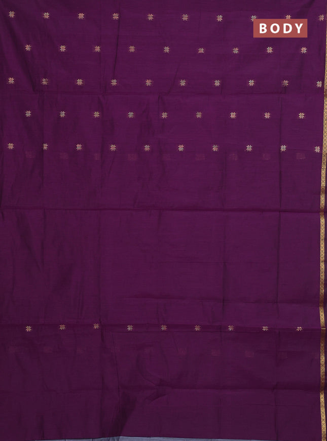 Semi maheswari cotton saree deep purple and grey with allover zari woven buttas and small zari woven border