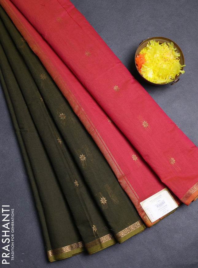 Semi maheswari cotton saree mehendi green and pink with allover zari woven buttas and small zari woven border