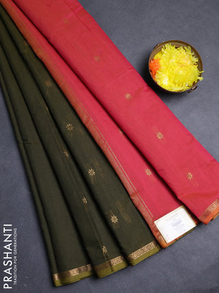 Semi maheswari cotton saree mehendi green and pink with allover zari woven buttas and small zari woven border