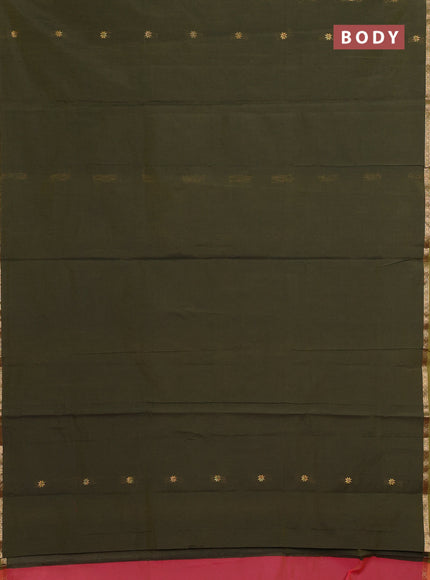 Semi maheswari cotton saree mehendi green and pink with allover zari woven buttas and small zari woven border