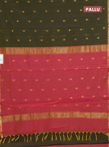 Semi maheswari cotton saree mehendi green and pink with allover zari woven buttas and small zari woven border