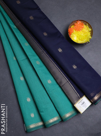Semi maheswari cotton saree teal green and navy blue with allover zari woven buttas and small zari woven border