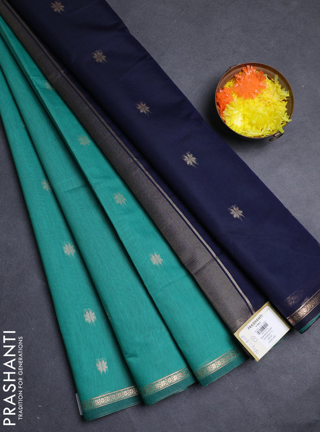 Semi maheswari cotton saree teal green and navy blue with allover zari woven buttas and small zari woven border