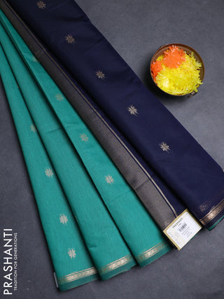Semi maheswari cotton saree teal green and navy blue with allover zari woven buttas and small zari woven border