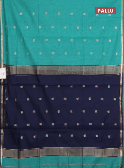 Semi maheswari cotton saree teal green and navy blue with allover zari woven buttas and small zari woven border
