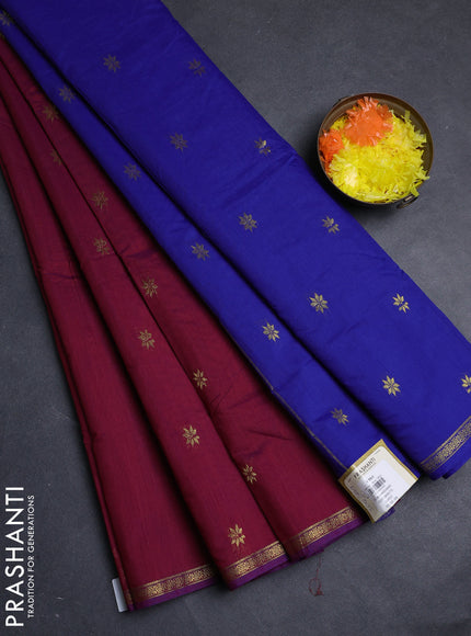 Semi maheswari cotton saree magenta pink and blue with allover zari woven buttas and small zari woven border